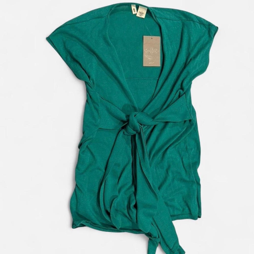 Anthropologie Moth Turquoise Tie-Front Short Sleeve Knit Top S NWT